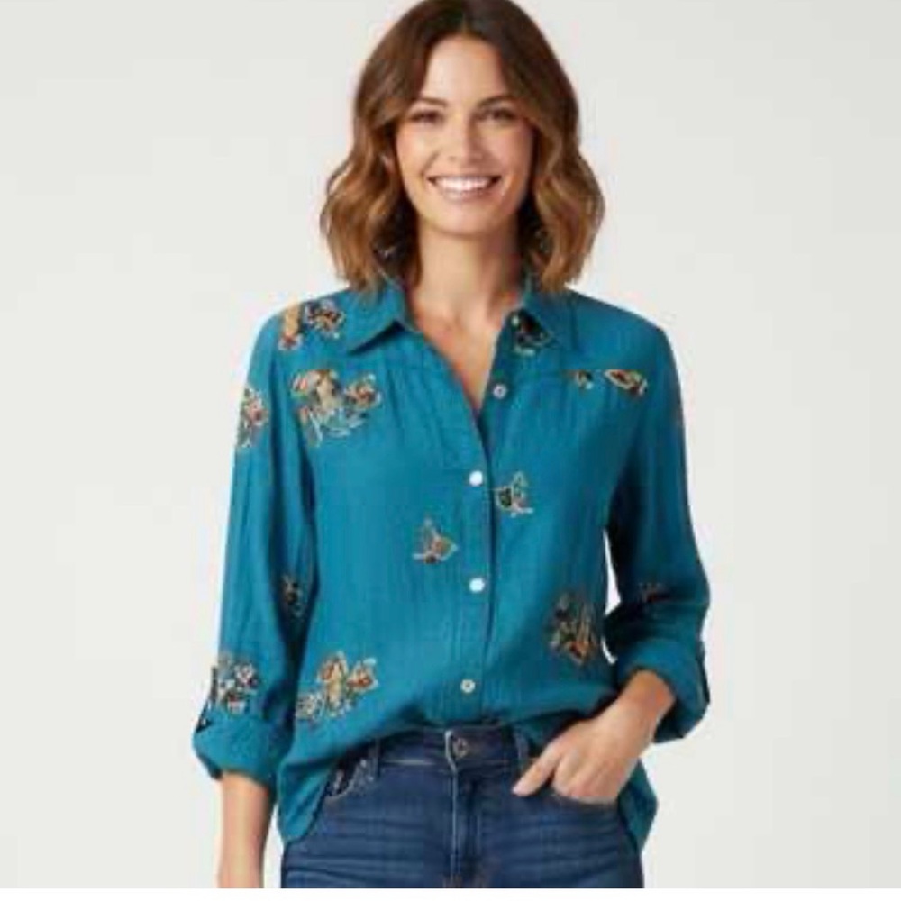 fig and flower Teal Floral Button-Down Shirt